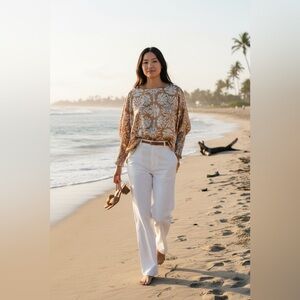 ENTRO Tan & Cream Tropical-Print Boatneck Top S/M
